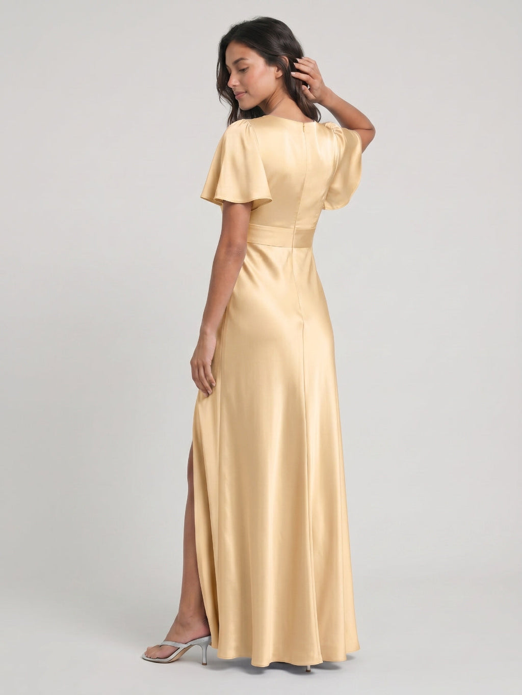 Butter Satin A-Line V-Neck Back Zip Floor-Length Bridesmaid Dress - Curvevia