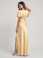 Butter Satin A-Line V-Neck Back Zip Floor-Length Bridesmaid Dress - Curvevia