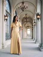 Butter Satin A-Line V-Neck Back Zip Floor-Length Bridesmaid Dress - Curvevia