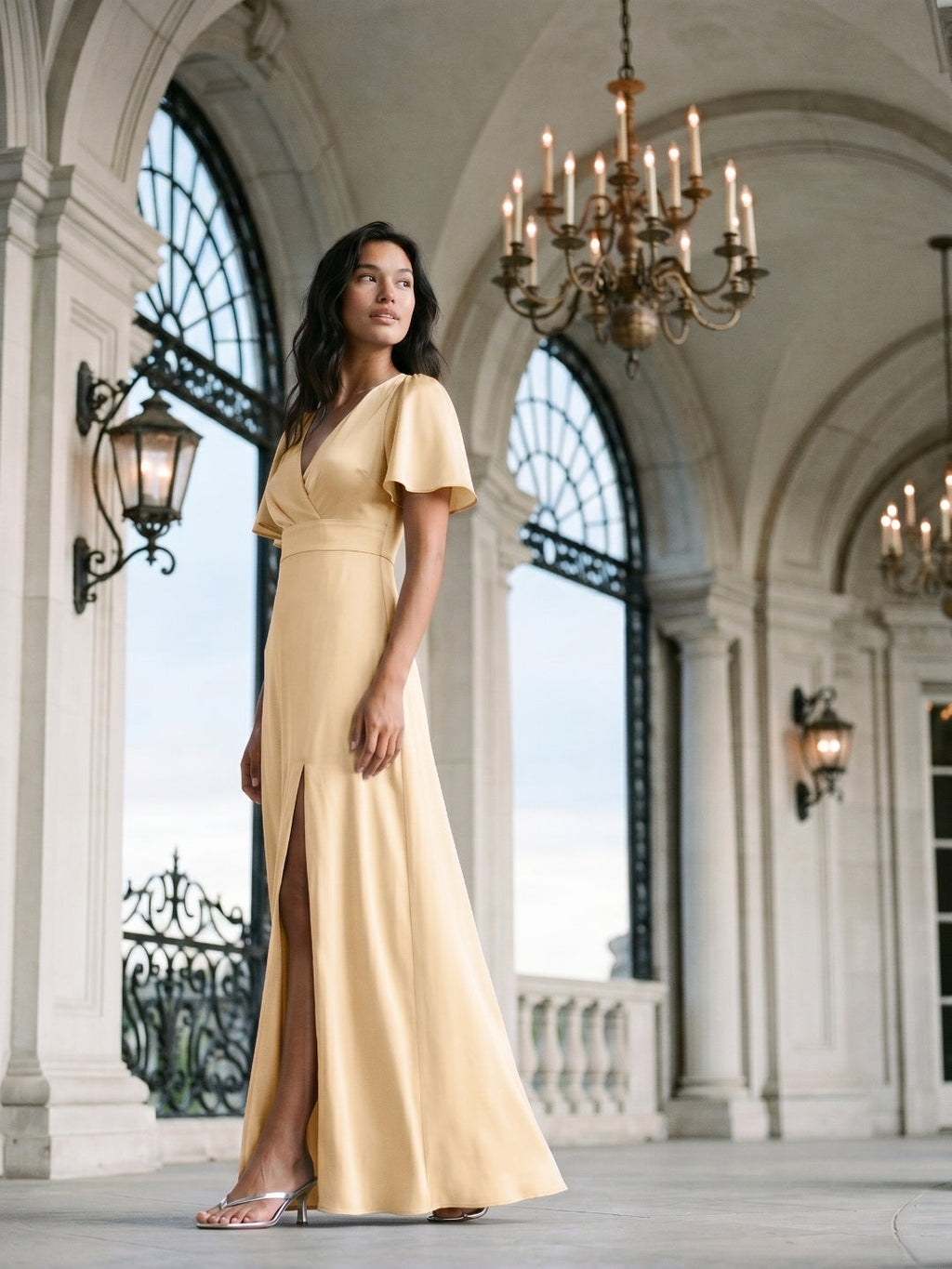 Butter Satin A-Line V-Neck Back Zip Floor-Length Bridesmaid Dress - Curvevia
