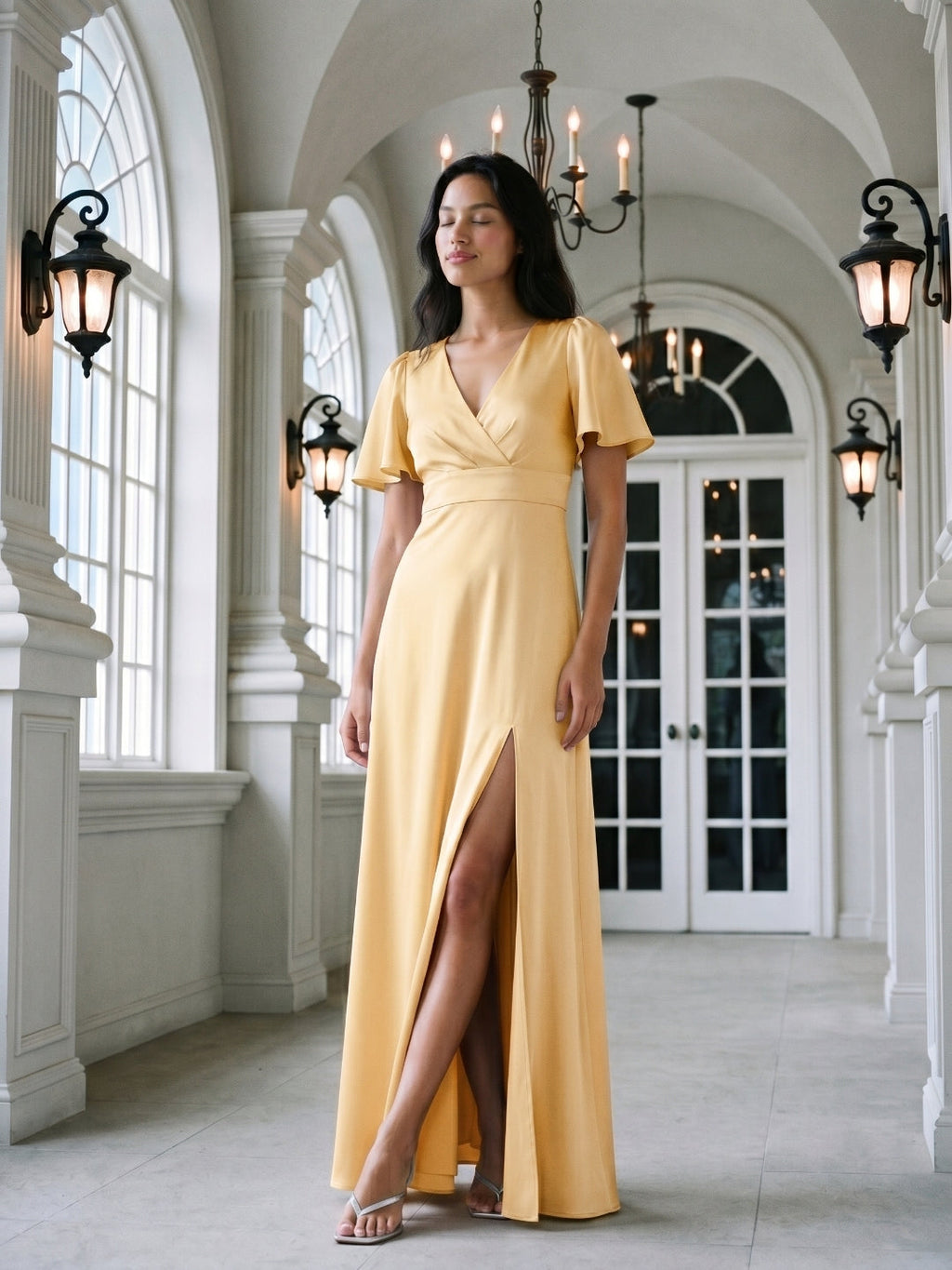 Butter Satin A-Line V-Neck Back Zip Floor-Length Bridesmaid Dress - Curvevia