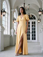 Butter Satin A-Line V-Neck Back Zip Floor-Length Bridesmaid Dress - Curvevia