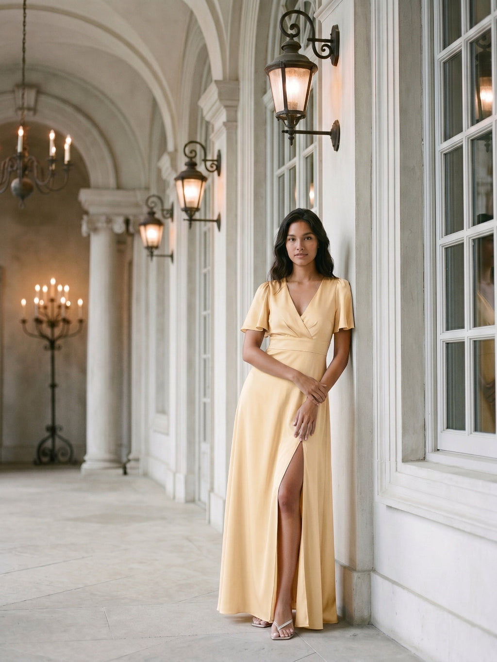 Butter Satin A-Line V-Neck Back Zip Floor-Length Bridesmaid Dress - Curvevia