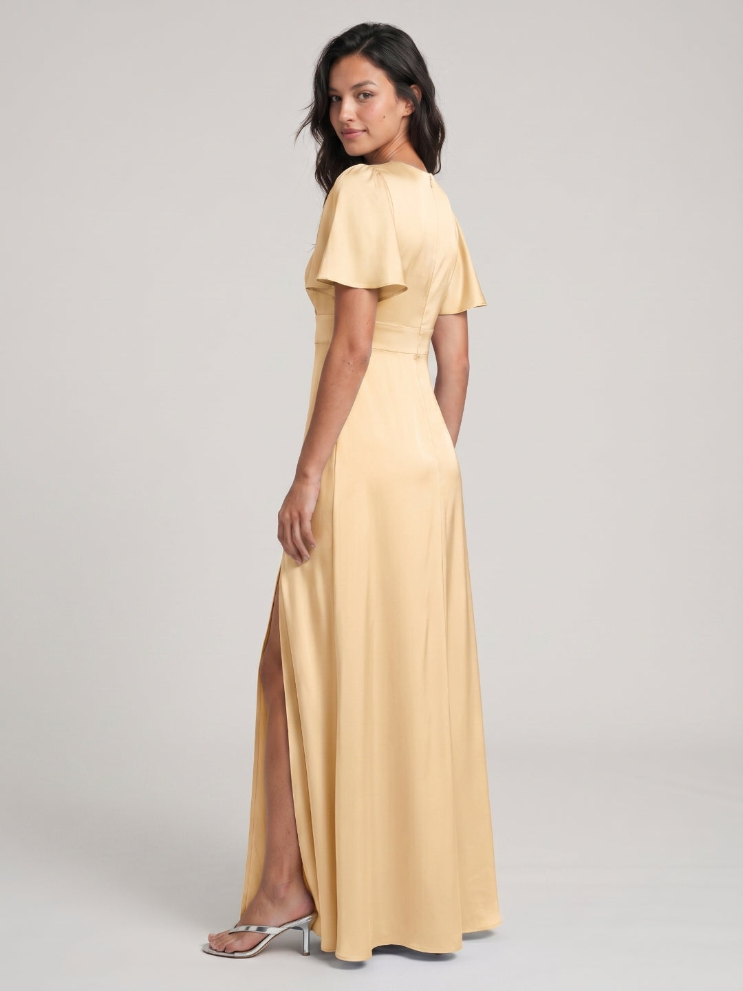 Butter Satin A-Line V-Neck Back Zip Floor-Length Bridesmaid Dress - Curvevia