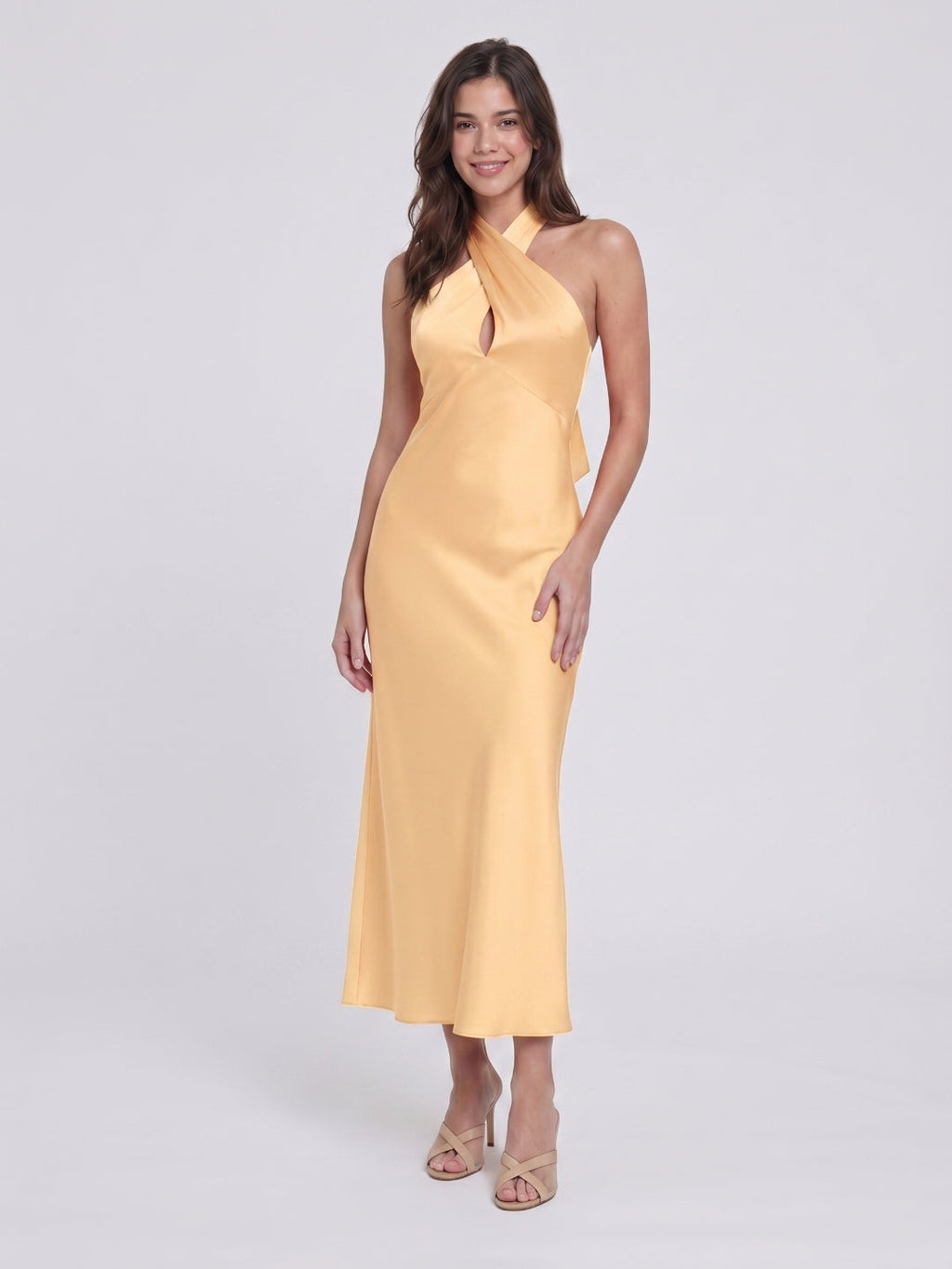 Butter Satin Sheath Halter Neckline Backless Ankle-Length Bridesmaid Dress with Bow - Curvevia