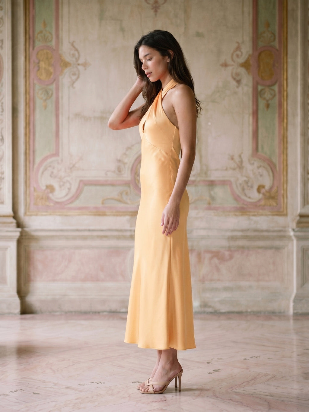 Butter Satin Sheath Halter Neckline Backless Ankle-Length Bridesmaid Dress with Bow - Curvevia