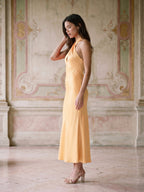 Butter Satin Sheath Halter Neckline Backless Ankle-Length Bridesmaid Dress with Bow - Curvevia