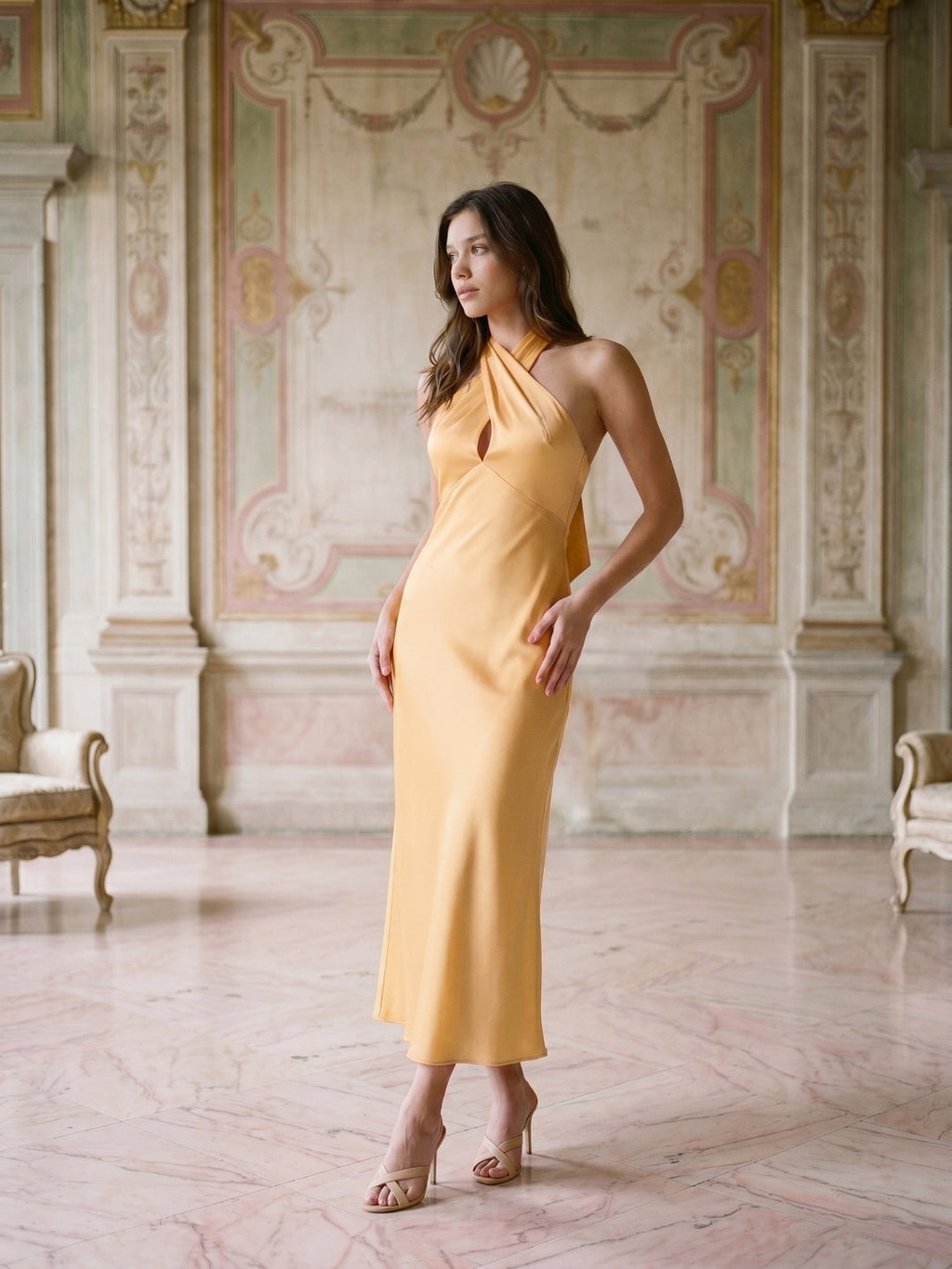 Butter Satin Sheath Halter Neckline Backless Ankle-Length Bridesmaid Dress with Bow - Curvevia