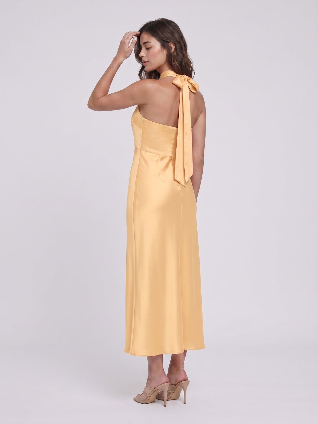 Butter Satin Sheath Halter Neckline Backless Ankle-Length Bridesmaid Dress with Bow - Curvevia