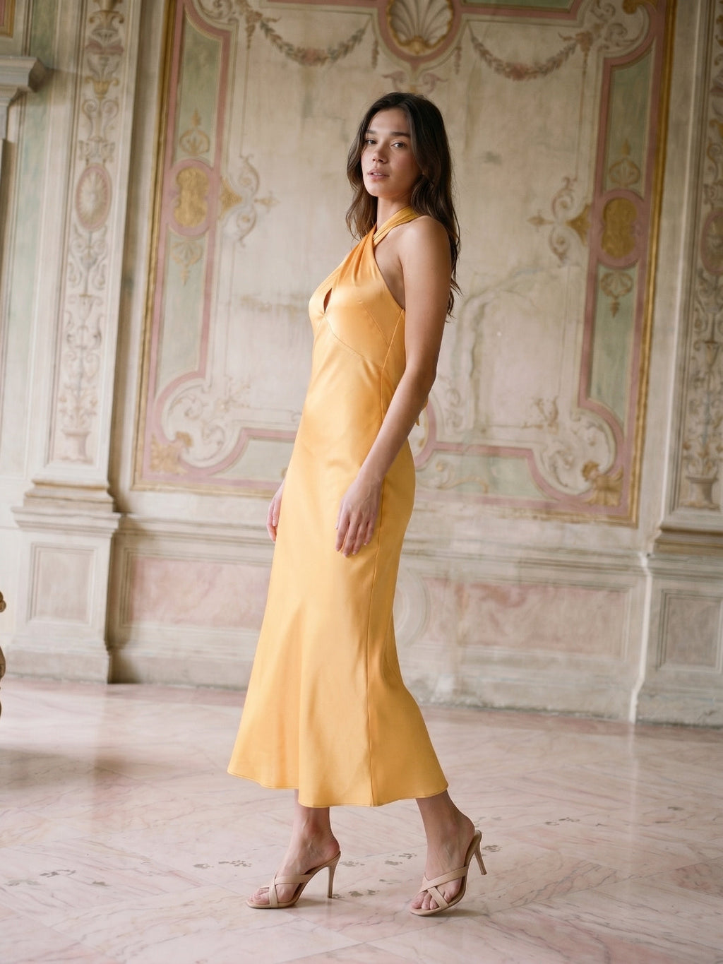 Butter Satin Sheath Halter Neckline Backless Ankle-Length Bridesmaid Dress with Bow - Curvevia