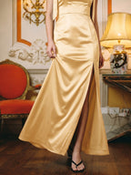 Butter Satin Sheath Square Neck Backless Floor-Length Bridesmaid Dress - Curvevia