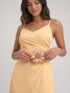 Butter Satin Sheath V-Neck V-Back Floor-Length Bridesmaid Dress with Pleating - Curvevia