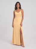 Butter Satin Sheath V-Neck V-Back Floor-Length Bridesmaid Dress with Pleating - Curvevia