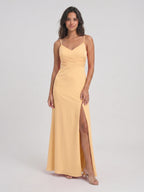 Butter Satin Sheath V-Neck V-Back Floor-Length Bridesmaid Dress with Pleating - Curvevia