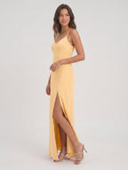 Butter Satin Sheath V-Neck V-Back Floor-Length Bridesmaid Dress with Pleating - Curvevia