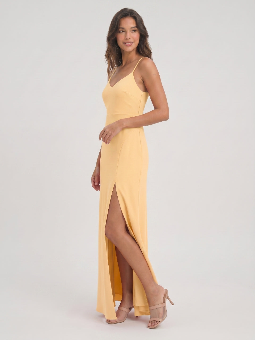 Butter Satin Sheath V-Neck V-Back Floor-Length Bridesmaid Dress with Pleating - Curvevia