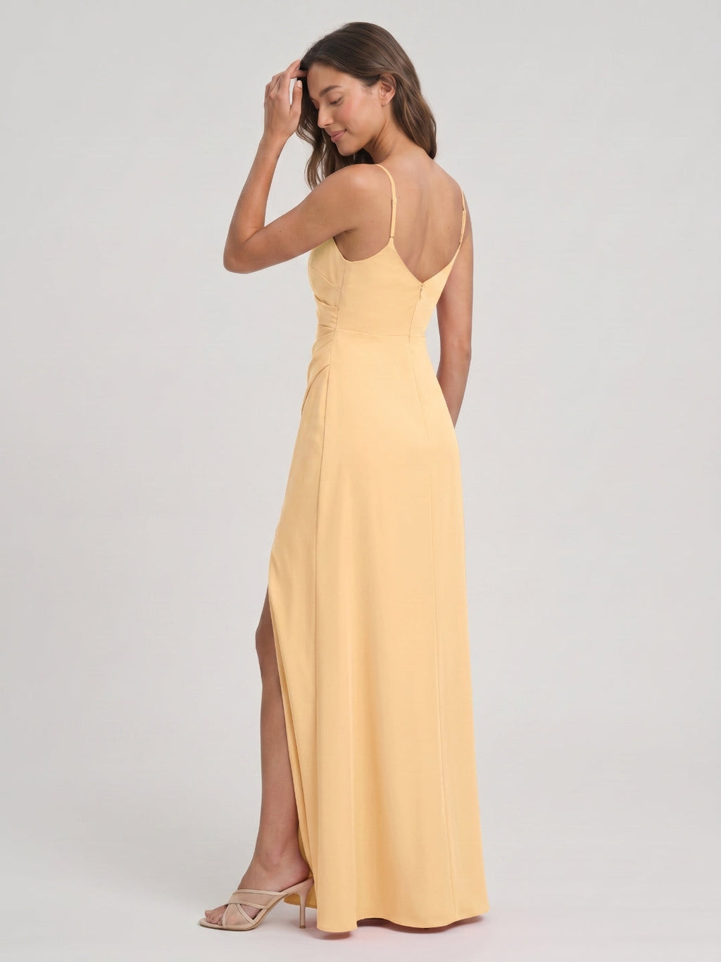Butter Satin Sheath V-Neck V-Back Floor-Length Bridesmaid Dress with Pleating - Curvevia