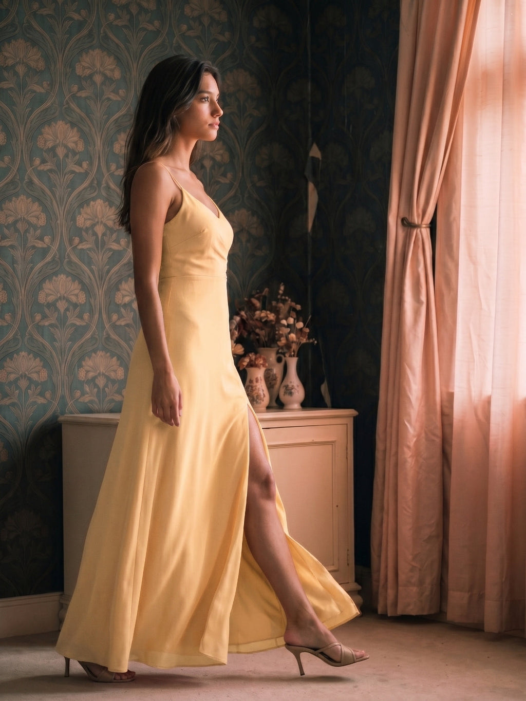 Butter Satin Sheath V-Neck V-Back Floor-Length Bridesmaid Dress with Pleating - Curvevia