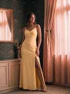 Butter Satin Sheath V-Neck V-Back Floor-Length Bridesmaid Dress with Pleating - Curvevia