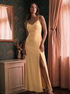Butter Satin Sheath V-Neck V-Back Floor-Length Bridesmaid Dress with Pleating - Curvevia