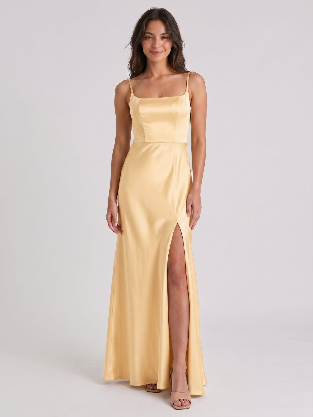 Butter Satin Trumpet Square Neck Back Zip Floor-Length Bridesmaid Dress - Curvevia