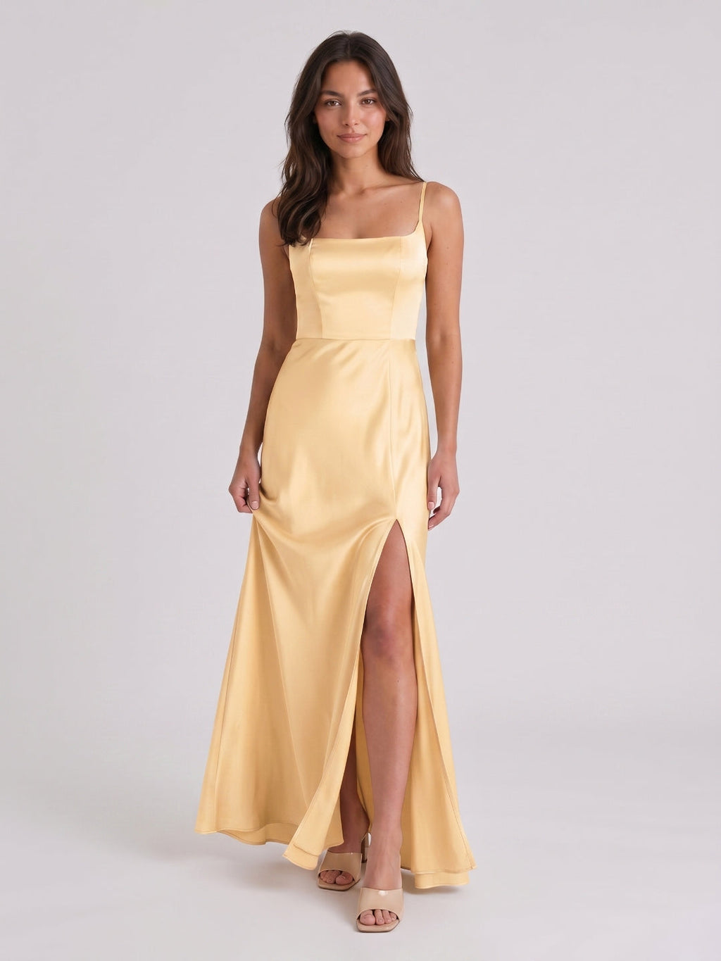 Butter Satin Trumpet Square Neck Back Zip Floor-Length Bridesmaid Dress - Curvevia
