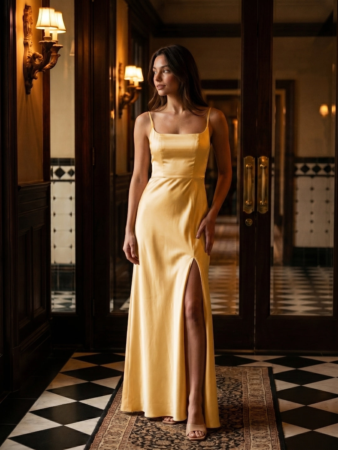 Butter Satin Trumpet Square Neck Back Zip Floor-Length Bridesmaid Dress - Curvevia