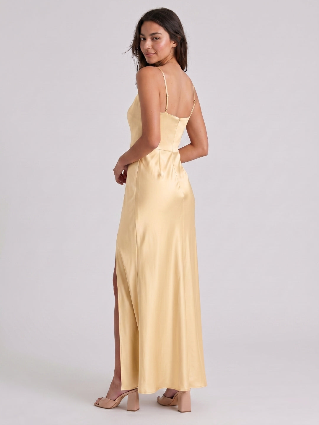 Butter Satin Trumpet Square Neck Back Zip Floor-Length Bridesmaid Dress - Curvevia