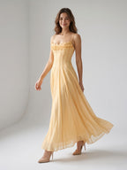 Butter Tulle A-Line Straight Neck Back Zip Floor-Length Birthday Dress with Pleating - Curvevia