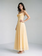Butter Tulle A-Line Straight Neck Back Zip Floor-Length Birthday Dress with Pleating - Curvevia