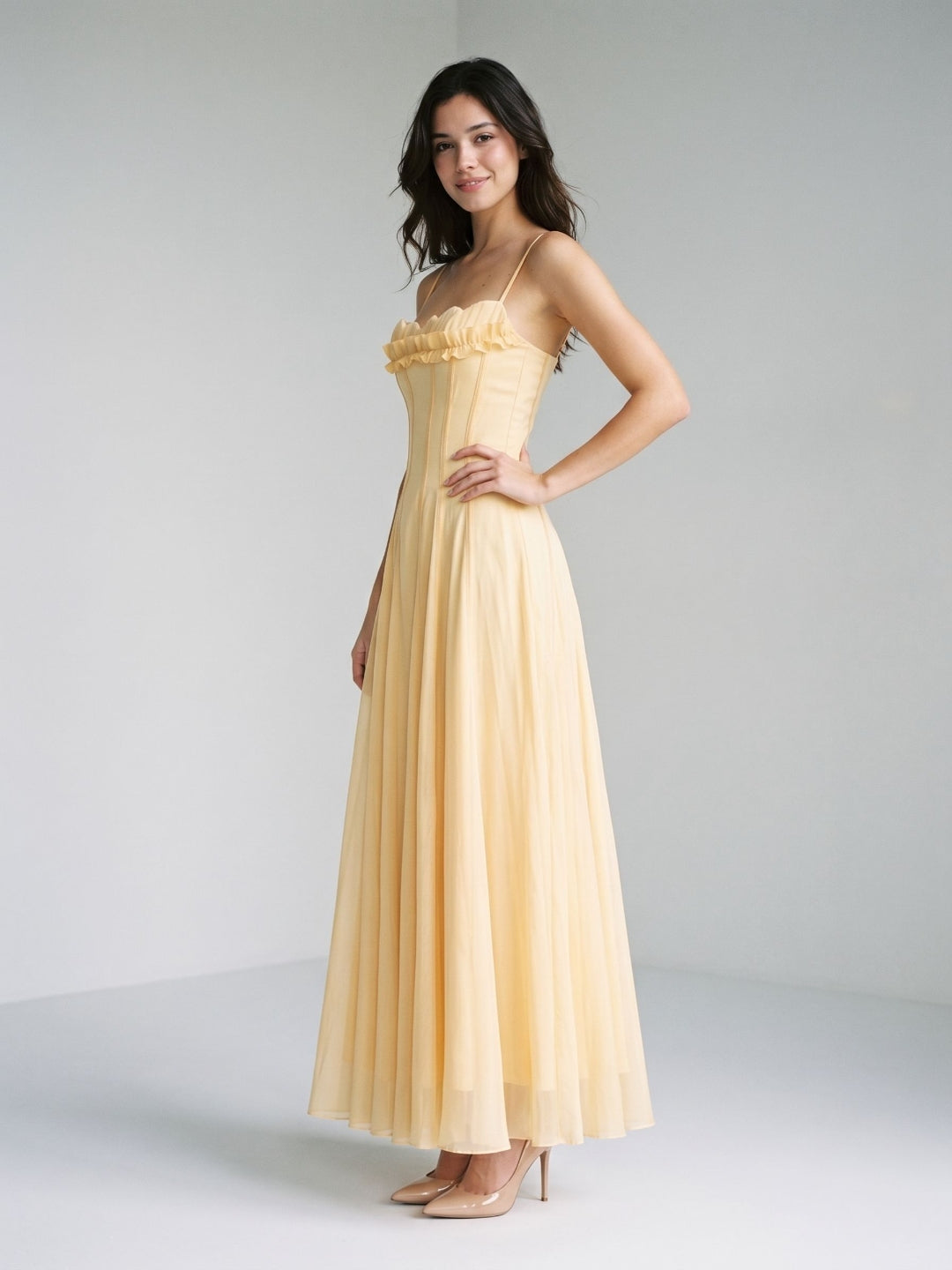 Butter Tulle A-Line Straight Neck Back Zip Floor-Length Birthday Dress with Pleating - Curvevia