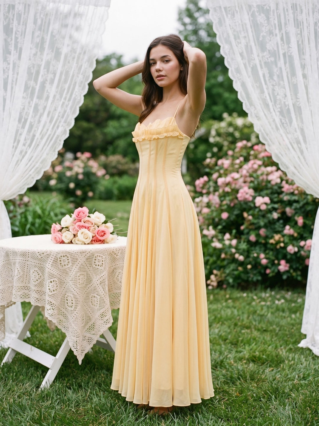 Butter Tulle A-Line Straight Neck Back Zip Floor-Length Birthday Dress with Pleating - Curvevia