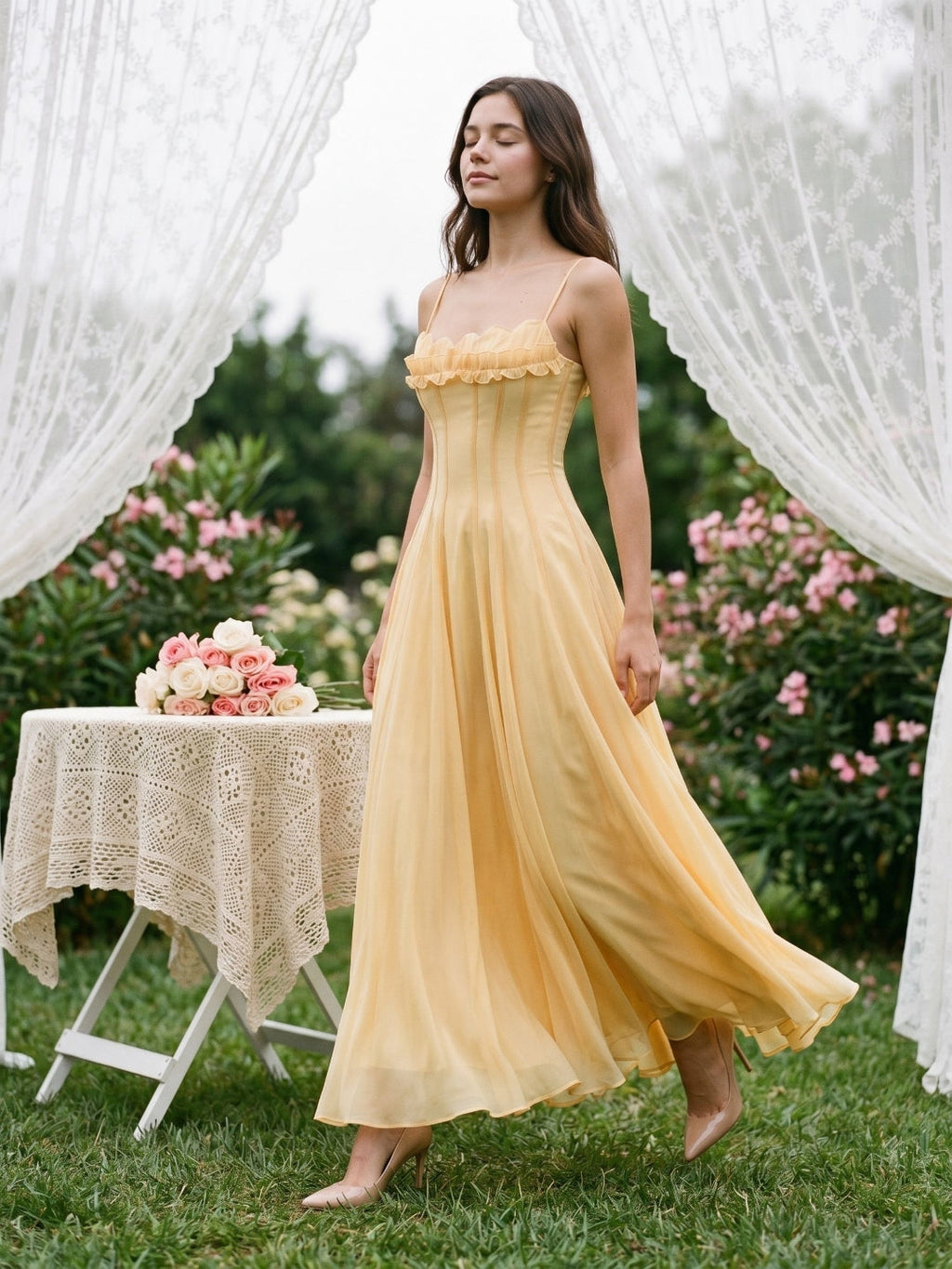 Butter Tulle A-Line Straight Neck Back Zip Floor-Length Birthday Dress with Pleating - Curvevia