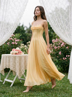 Butter Tulle A-Line Straight Neck Back Zip Floor-Length Birthday Dress with Pleating - Curvevia