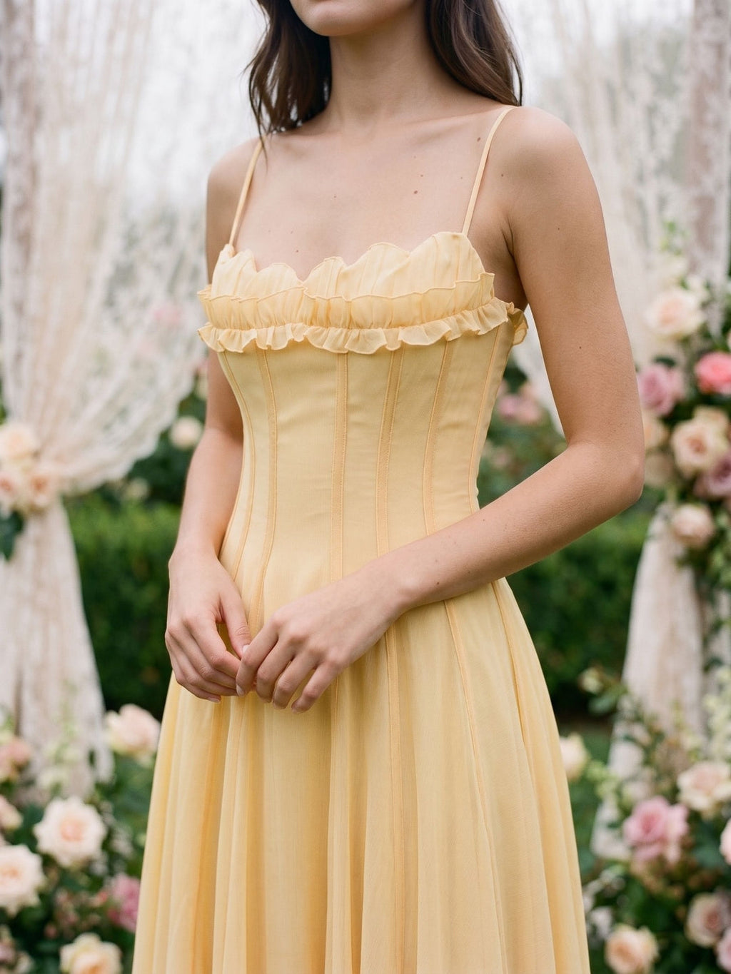 Butter Tulle A-Line Straight Neck Back Zip Floor-Length Birthday Dress with Pleating - Curvevia