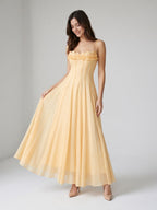 Butter Tulle A-Line Straight Neck Back Zip Floor-Length Birthday Dress with Pleating - Curvevia