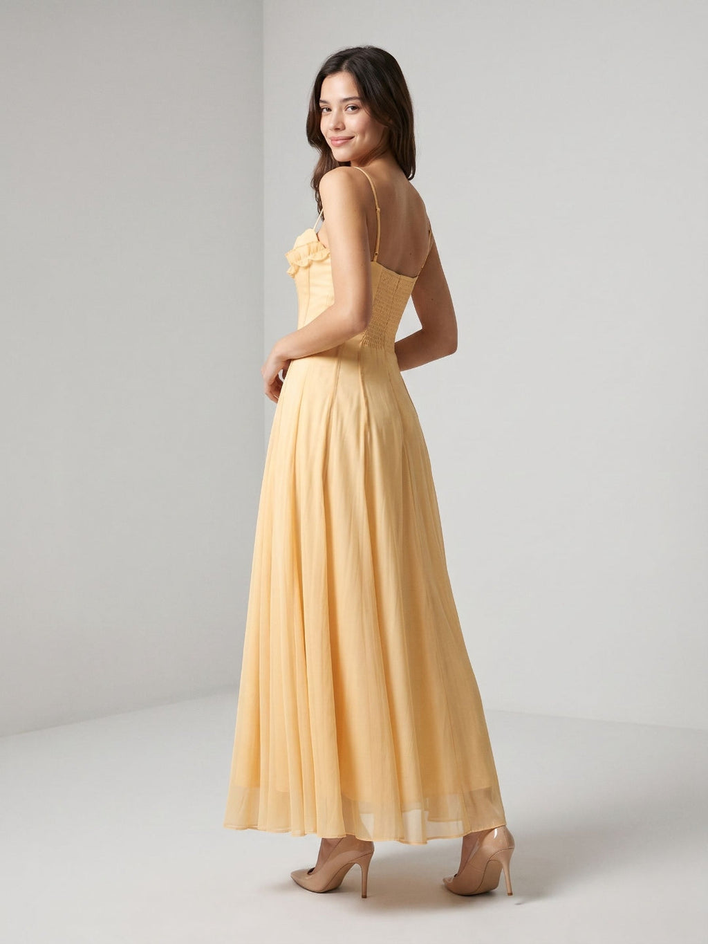 Butter Tulle A-Line Straight Neck Back Zip Floor-Length Birthday Dress with Pleating - Curvevia