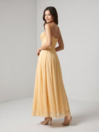 Butter Tulle A-Line Straight Neck Back Zip Floor-Length Birthday Dress with Pleating - Curvevia