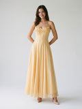 Butter Tulle A-Line Straight Neck Back Zip Floor-Length Birthday Dress with Pleating - Curvevia