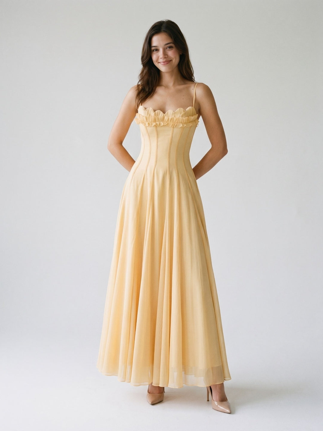 Butter Tulle A-Line Straight Neck Back Zip Floor-Length Birthday Dress with Pleating - Curvevia