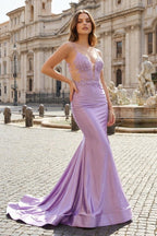 Mermaid Spaghetti Straps Lavender Satin Long Prom Dresses with Appliques - Curvevia