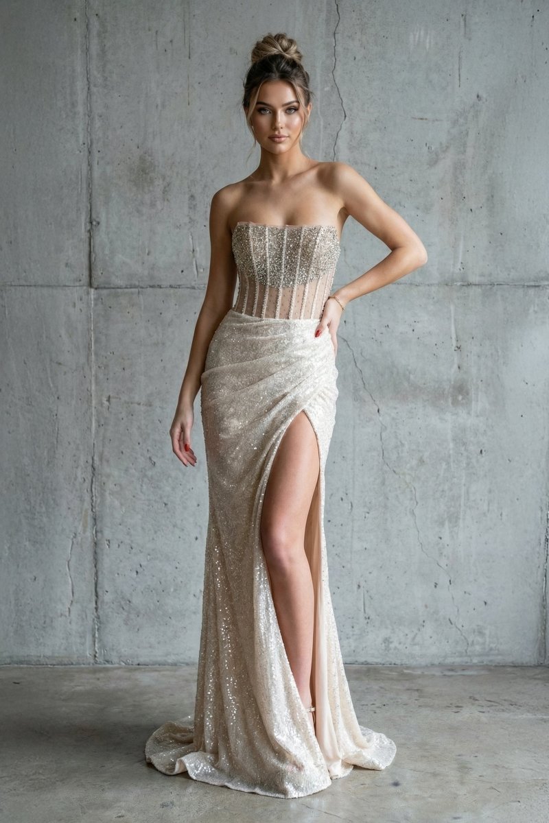 Strapless Mermaid Long Sequins Prom Dress With Split - Curvevia