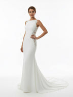 White Long Mermaid Boho Wedding Dress with Appliqued - Curvevia