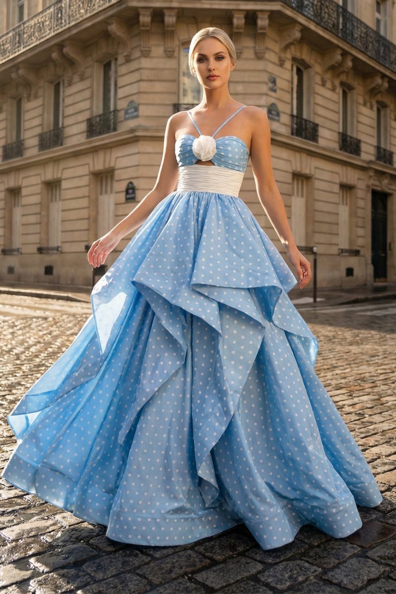 Blue Halter Satin A Line Dot Wedding Guest Dress With Flower - Curvevia
