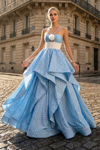 Blue Halter Satin A Line Dot Wedding Guest Dress With Flower - Curvevia