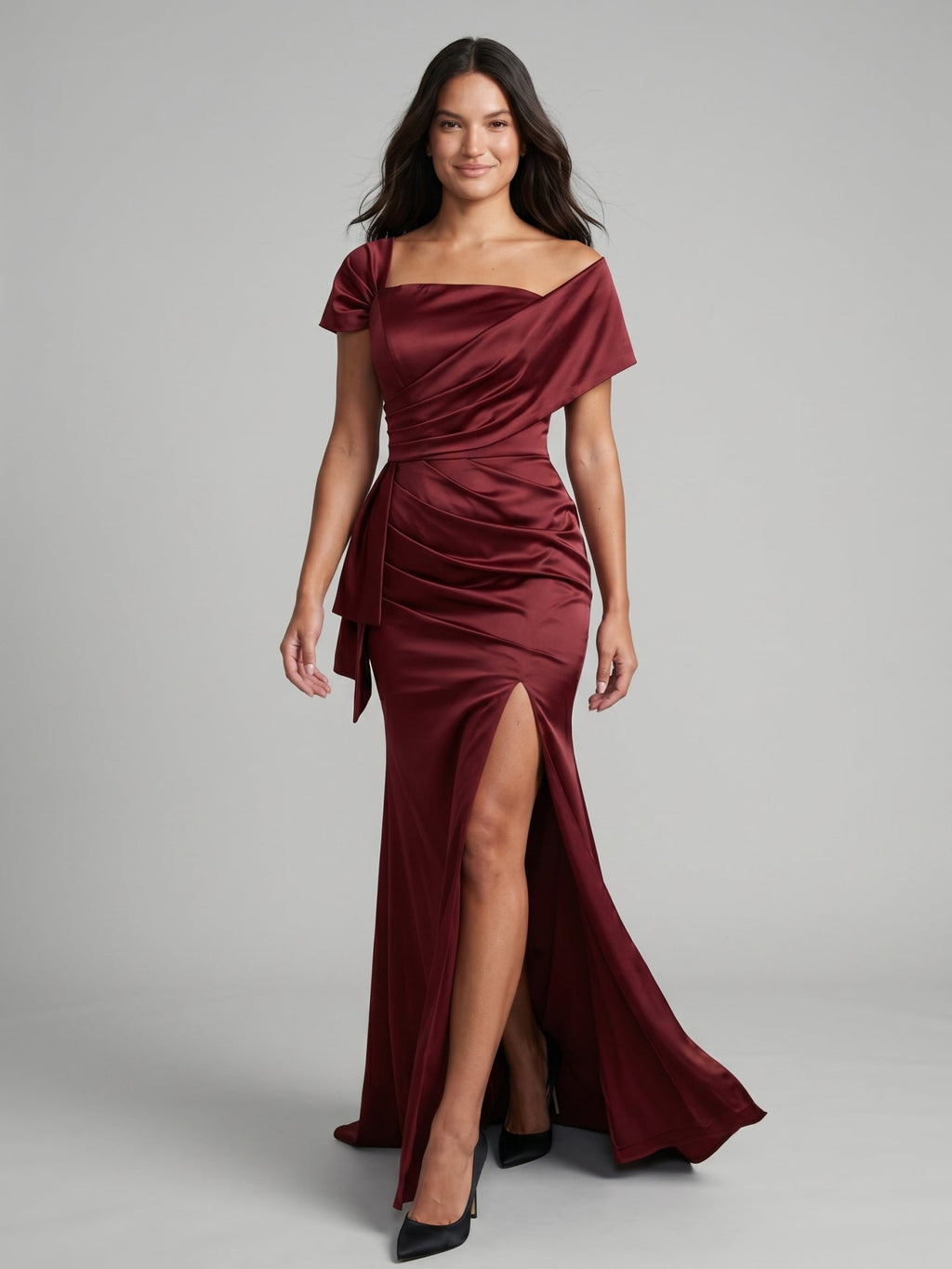 Caberne Satin Mermaid One Shoulder Back Zip Floor-Length Bridesmaid Dress with Pleats - Curvevia