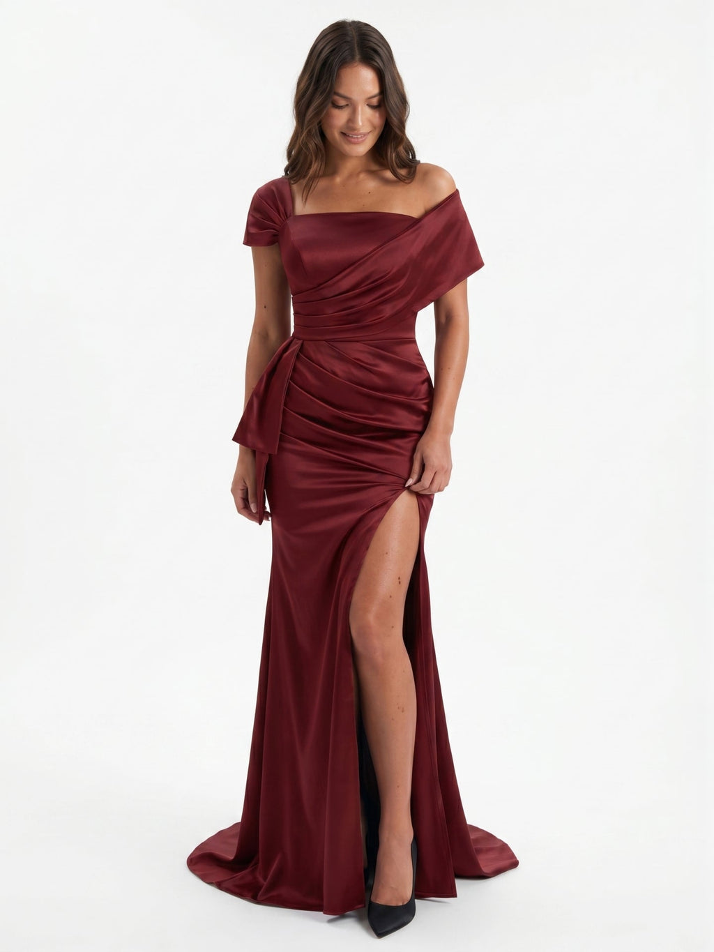 Caberne Satin Mermaid One Shoulder Back Zip Floor-Length Bridesmaid Dress with Pleats - Curvevia