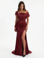 Caberne Satin Mermaid One Shoulder Back Zip Floor-Length Bridesmaid Dress with Pleats - Curvevia