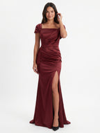 Caberne Satin Mermaid One Shoulder Back Zip Floor-Length Bridesmaid Dress with Pleats - Curvevia