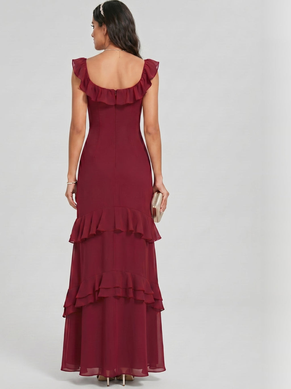 Elegant Cabernet Chiffon mermaid Square Neck Ankle-Length Bridesmaid Dress - Curvevia